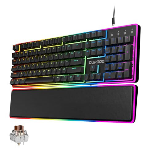 DURGOD TGK021 Mechanical Gaming Keyboard, 104 Keys Wired Keyboard with Magnetic Wrist Rest, RGB Backlit, Hot Swappable Tactile Brown Switch for PC/Mac/Laptop, Fully Anti-ghosting, Multimedia Keys - 1