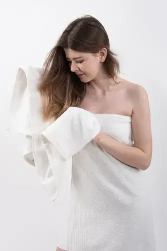 Duru 2 Li Banyo Havlu Seti | Havlu | Havlu Takımı | Hamam Takımı | Çeyiz Havlusu-Beyaz - 3