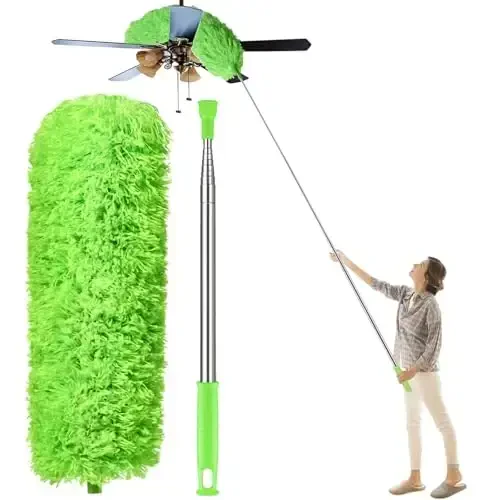 Dusters for Cleaning High Ceiling Fan, Newliton Microfiber Feather Duster with 30'' to 100'' Telescoping Extension Pole, Long Extendable Duster for Home Car Furniture Cobweb, Green - 1