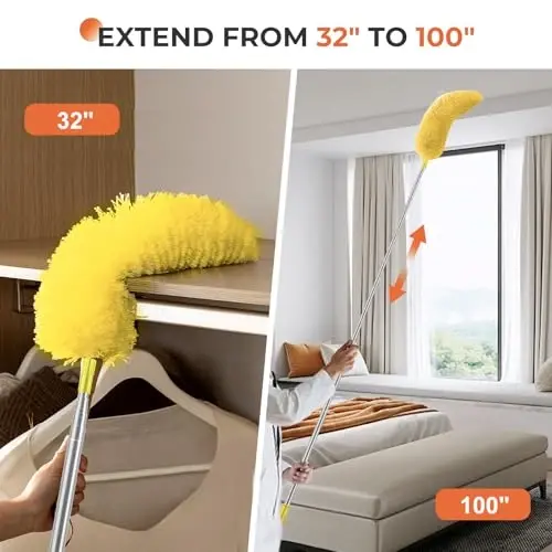 Dusters for Cleaning High Ceiling Fan, Newliton Microfiber Feather Duster with 30'' to 100'' Telescoping Extension Pole, Long Extendable Duster for Home Car Furniture Cobweb, Yellow - 3