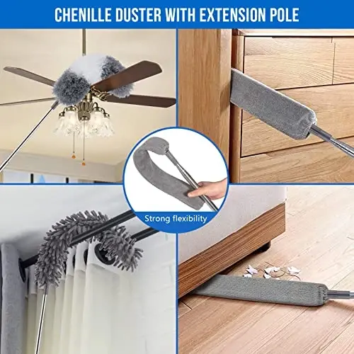 Dusters for Cleaning, Retractable Microfiber Gap Dust Cleaner with Extension Pole 30'' to 100'', Reusable Bendable Long Handle Feather Duster Kit for Cleaning High Ceiling Fan, Furniture, Blinds, Car - 8