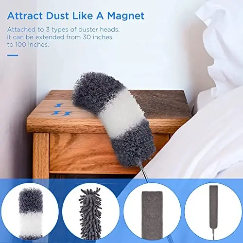 Dusters for Cleaning, Retractable Microfiber Gap Dust Cleaner with Extension Pole 30'' to 100'', Reusable Bendable Long Handle Feather Duster Kit for Cleaning High Ceiling Fan, Furniture, Blinds, Car - 12