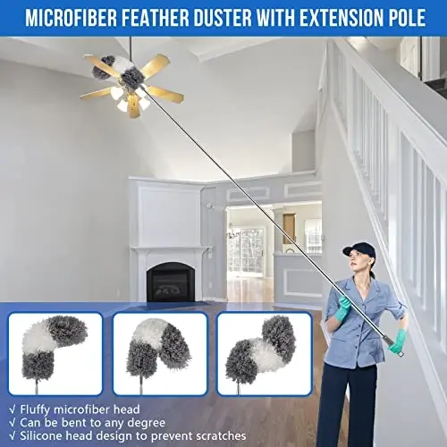 Dusters for Cleaning, Retractable Microfiber Gap Dust Cleaner with Extension Pole 30'' to 100'', Reusable Bendable Long Handle Feather Duster Kit for Cleaning High Ceiling Fan, Furniture, Blinds, Car - 4