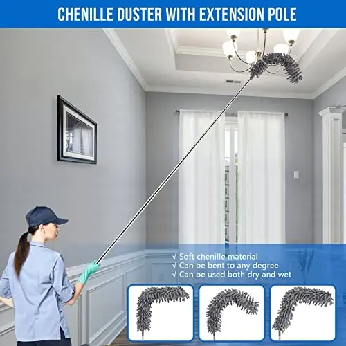 Dusters for Cleaning, Retractable Microfiber Gap Dust Cleaner with Extension Pole 30'' to 100'', Reusable Bendable Long Handle Feather Duster Kit for Cleaning High Ceiling Fan, Furniture, Blinds, Car - 5