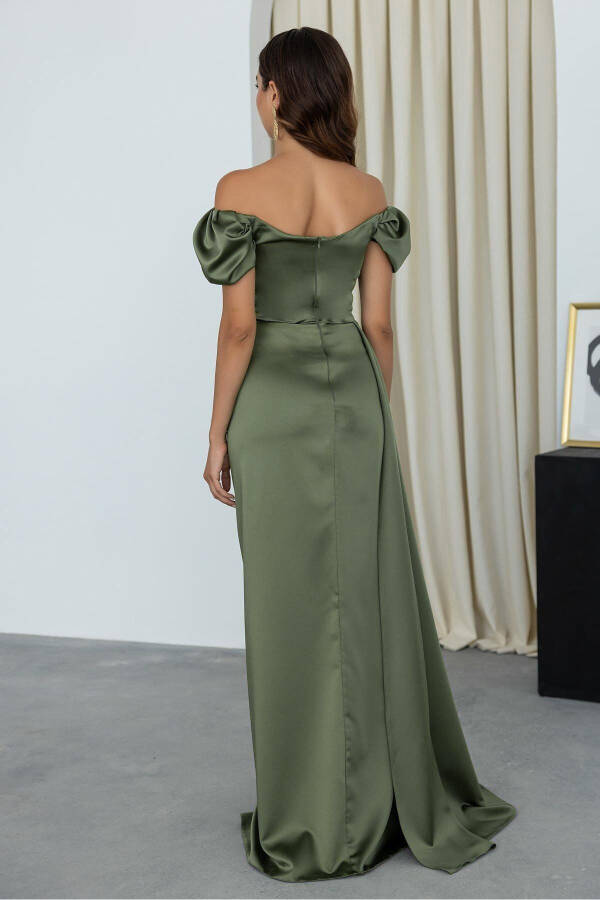 Düşük Omuz Drapeli Abiye Elbise-Yeşil - 4