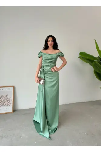 Düşük Omuz Drapeli Abiye Elbise-Bakır - SERICA MODA (1)