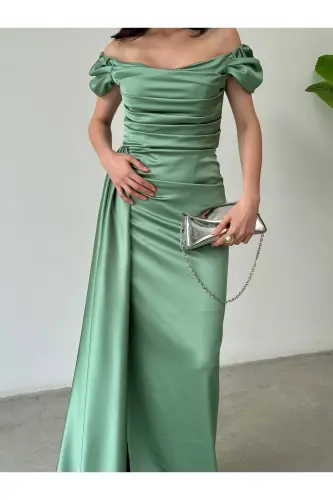 Düşük Omuz Drapeli Abiye Elbise-Bakır - 4