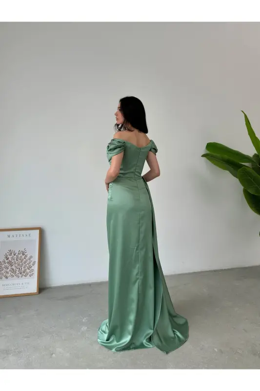 Düşük Omuz Drapeli Abiye Elbise-Bakır - 5