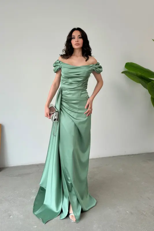 Düşük Omuz Drapeli Abiye Elbise-Bakır - SERICA MODA