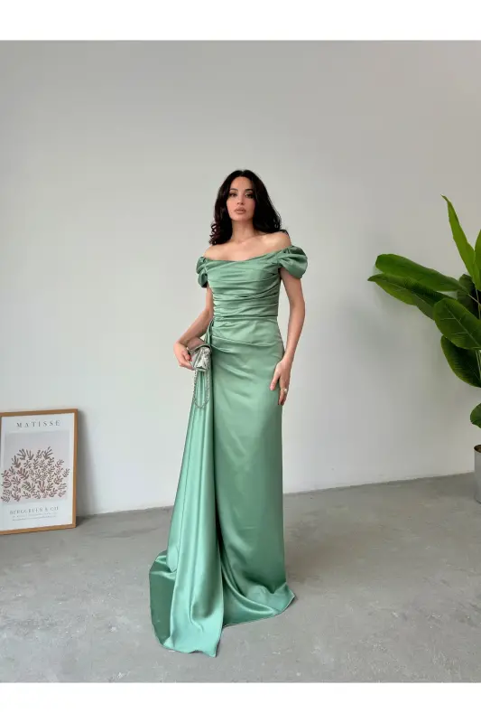 Düşük Omuz Drapeli Abiye Elbise-Bakır - 3