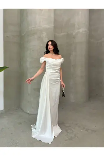 Düşük Omuz Drapeli Abiye Elbise-Beyaz - SERICA MODA (1)