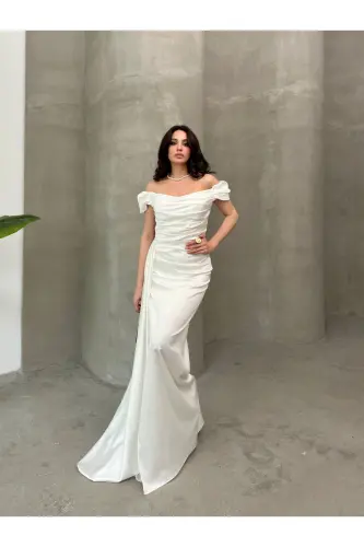 Düşük Omuz Drapeli Abiye Elbise-Beyaz - 3