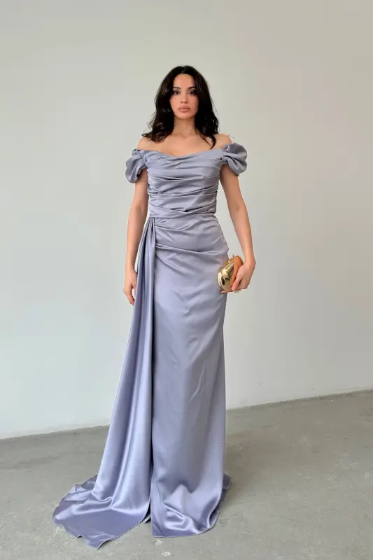 Düşük Omuz Drapeli Abiye Elbise-Gri - SERICA MODA