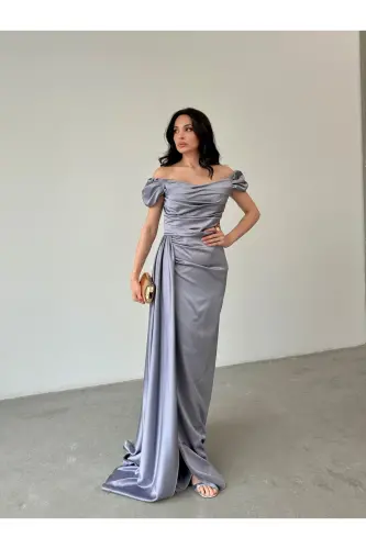 Düşük Omuz Drapeli Abiye Elbise-Gri - SERICA MODA (1)