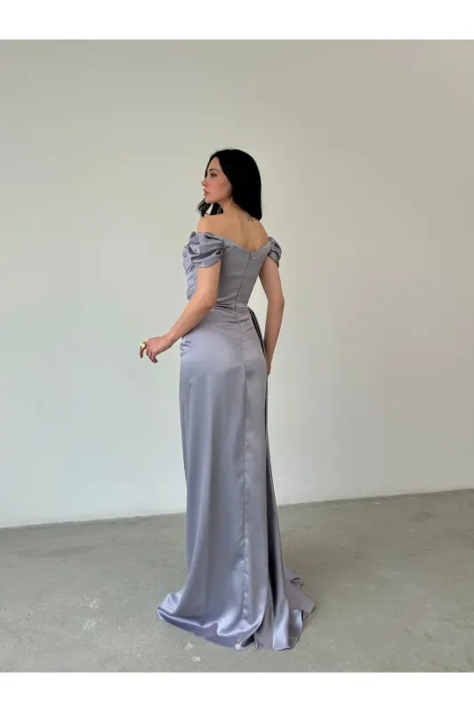 Düşük Omuz Drapeli Abiye Elbise-Gri - 5