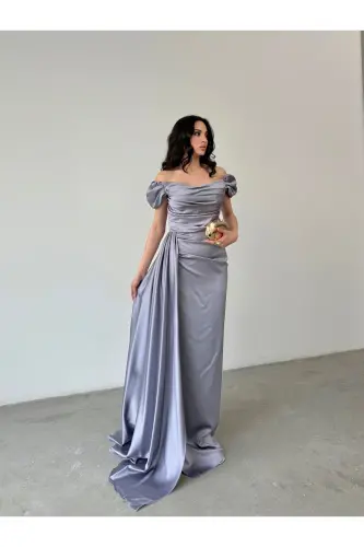 Düşük Omuz Drapeli Abiye Elbise-Gri - 3