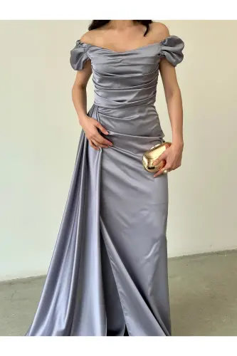 Düşük Omuz Drapeli Abiye Elbise-Gri - 4