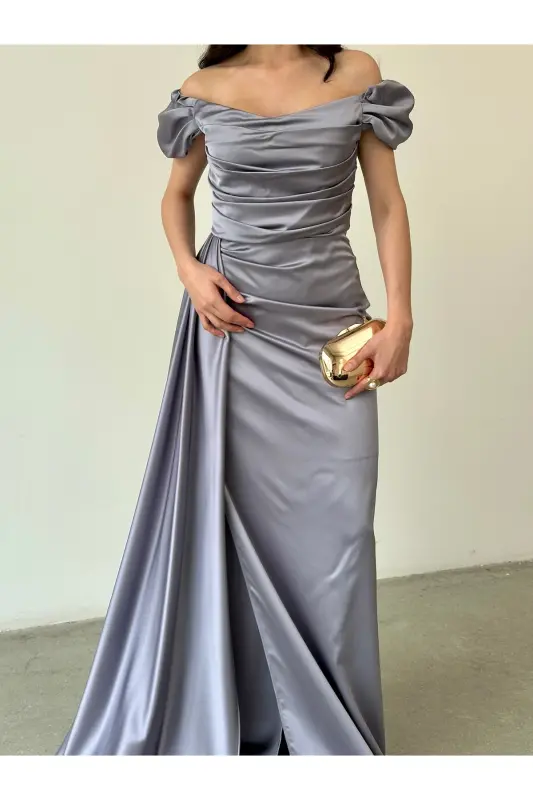 Düşük Omuz Drapeli Abiye Elbise-Gri - 4