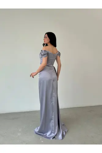 Düşük Omuz Drapeli Abiye Elbise-Gri - 5