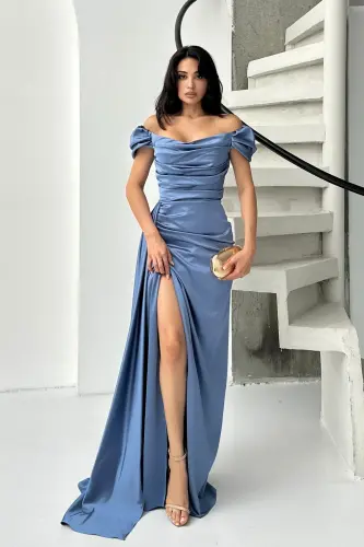 Düşük Omuz Drapeli Abiye Elbise-İndigo - 1