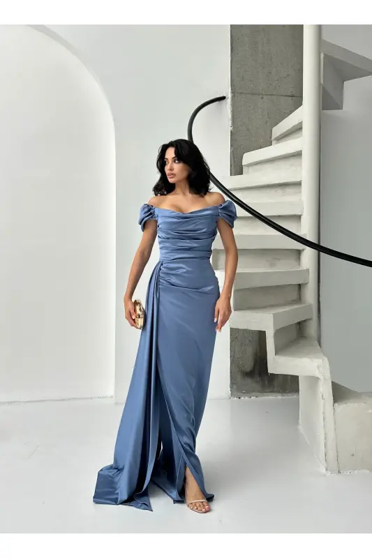 Düşük Omuz Drapeli Abiye Elbise-İndigo - 3