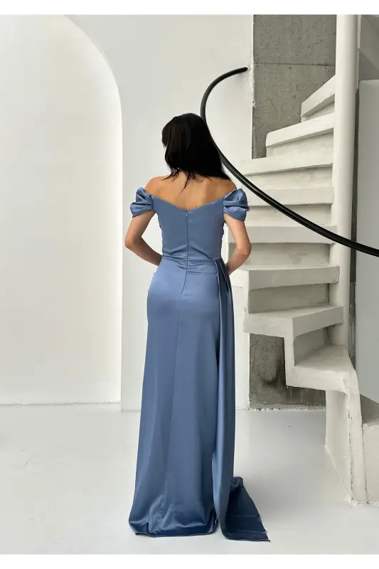 Düşük Omuz Drapeli Abiye Elbise-İndigo - 5