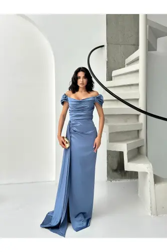 Düşük Omuz Drapeli Abiye Elbise-İndigo - SERICA MODA (1)
