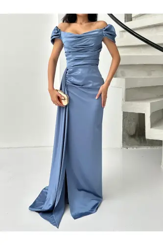 Düşük Omuz Drapeli Abiye Elbise-İndigo - 4