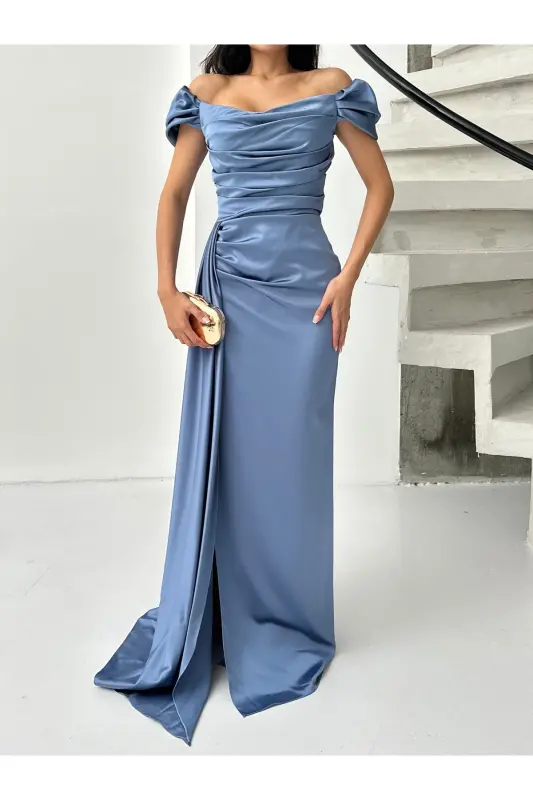 Düşük Omuz Drapeli Abiye Elbise-İndigo - 4