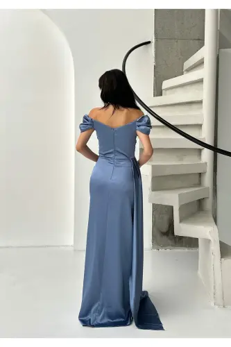 Düşük Omuz Drapeli Abiye Elbise-İndigo - 5