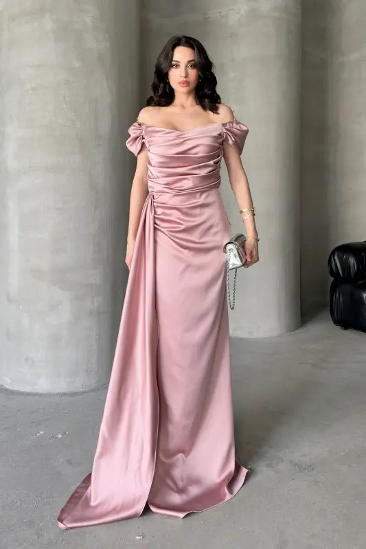 Düşük Omuz Drapeli Abiye Elbise - Pudra - SERICA MODA