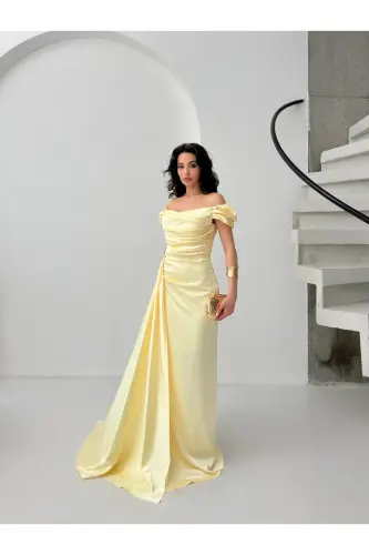 Düşük Omuz Drapeli Abiye Elbise-Sarı - SERICA MODA (1)