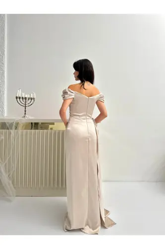 Düşük Omuz Drapeli Abiye Elbise-Taş - 5