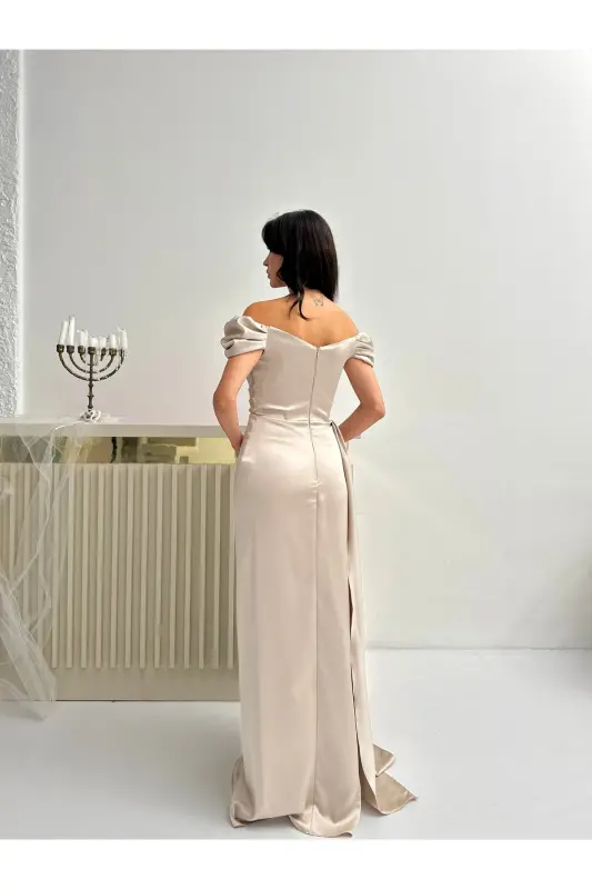 Düşük Omuz Drapeli Abiye Elbise-Taş - 5