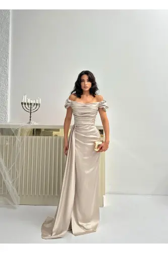 Düşük Omuz Drapeli Abiye Elbise-Taş - SERICA MODA (1)