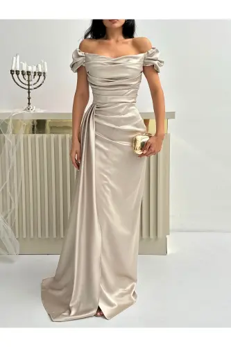 Düşük Omuz Drapeli Abiye Elbise-Taş - 4