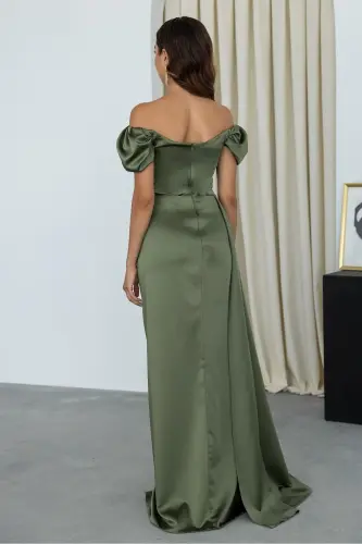 Düşük Omuz Drapeli Abiye Elbise - Yeşil - SERICA MODA (1)