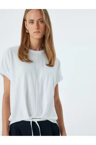 Düşük Omuz Kısa Kollu Bluz Rahat Kalıp Yuvarlak Yaka-Beyaz - 2