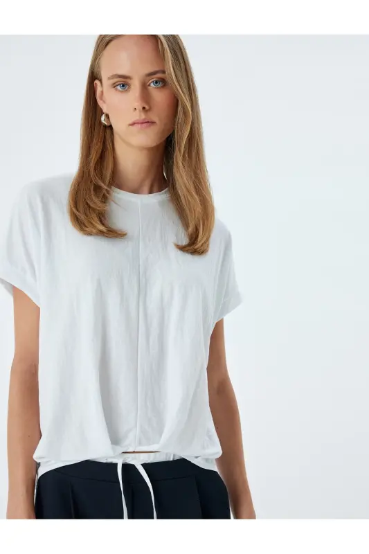 Düşük Omuz Kısa Kollu Bluz Rahat Kalıp Yuvarlak Yaka-Beyaz - 2