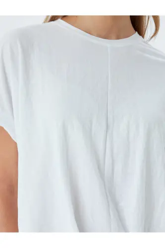 Düşük Omuz Kısa Kollu Bluz Rahat Kalıp Yuvarlak Yaka-Beyaz - 5