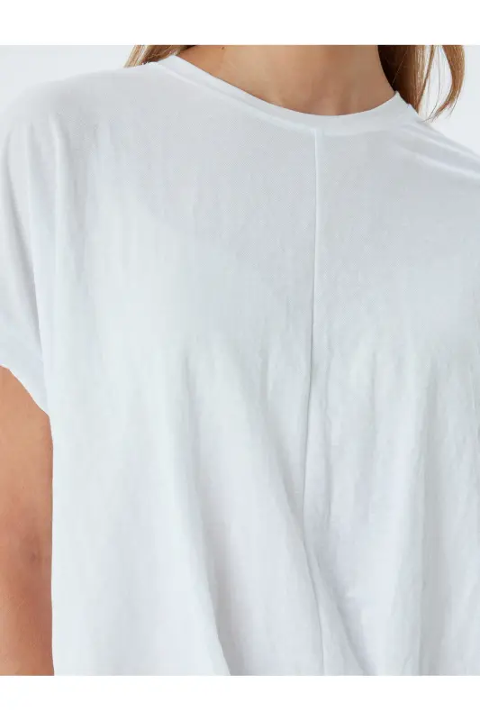 Düşük Omuz Kısa Kollu Bluz Rahat Kalıp Yuvarlak Yaka-Beyaz - 5