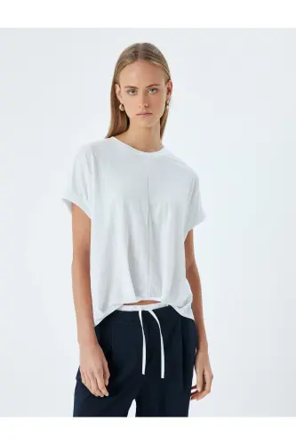 Düşük Omuz Kısa Kollu Bluz Rahat Kalıp Yuvarlak Yaka-Beyaz - 3