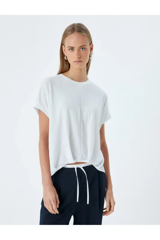 Düşük Omuz Kısa Kollu Bluz Rahat Kalıp Yuvarlak Yaka-Beyaz - 3