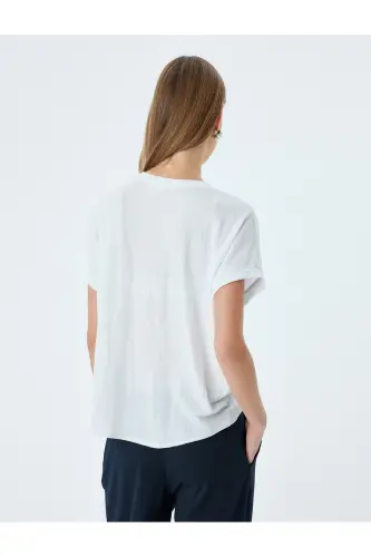 Düşük Omuz Kısa Kollu Bluz Rahat Kalıp Yuvarlak Yaka-Beyaz - 4