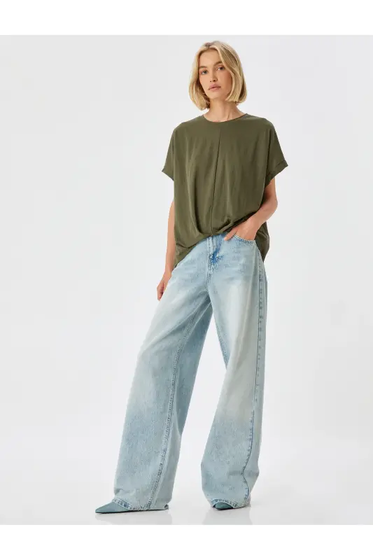 Düşük Omuz Kısa Kollu Bluz Rahat Kalıp Yuvarlak Yaka-Haki - 2