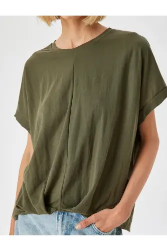 Düşük Omuz Kısa Kollu Bluz Rahat Kalıp Yuvarlak Yaka-Haki - 5