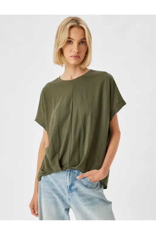 Schulterfreie, kurzärmlige Bluse mit bequemem Passform-Rundhalsausschnitt - Khaki - 3
