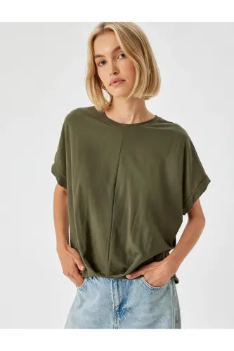 Düşük Omuz Kısa Kollu Bluz Rahat Kalıp Yuvarlak Yaka-Haki - 1