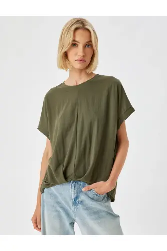 Düşük Omuz Kısa Kollu Bluz Rahat Kalıp Yuvarlak Yaka-Haki - 3