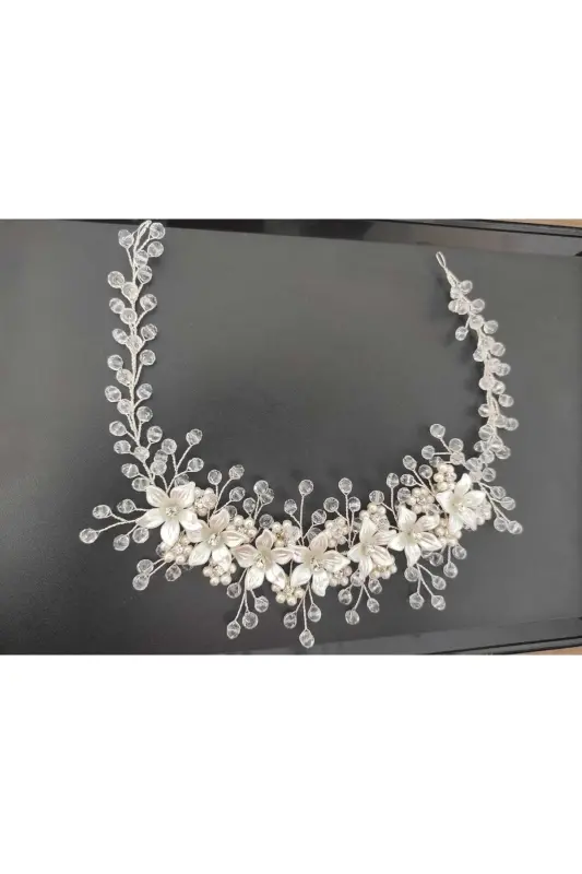 Duvak Gelin Kına Düğün Ve Nişan Tacı Incili Kristal Boncuklu Tamamen El Yapımıdır-KAR BEYAZ - SWAN BUTIK